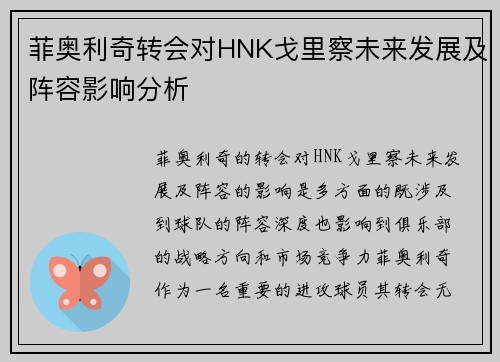 菲奥利奇转会对HNK戈里察未来发展及阵容影响分析